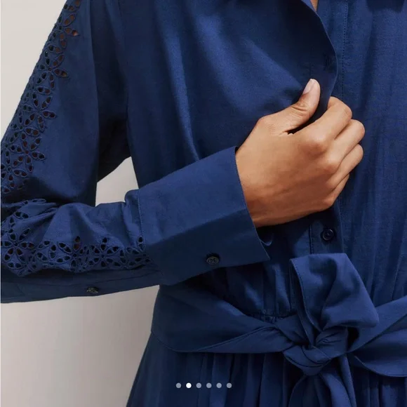 ME+EM Blue Cotton Broderie Shirt Dress Belted Maxi Eyelet Hem US 8 Quiet Luxury - Picture 14 of 16